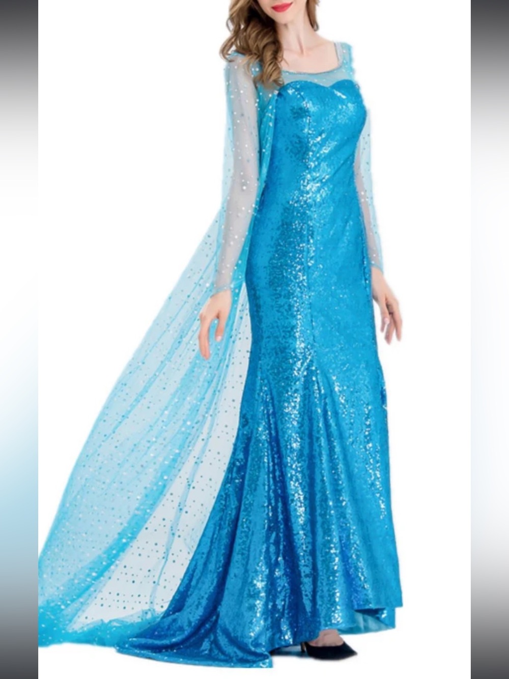 Elsa Inspired Sequin Long-Sleeve Gown with cape